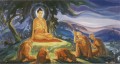 Buda predicó su primer sermón a los cinco monjes en el parque de los ciervos en el budismo de Varanasi.